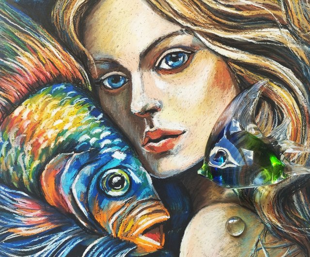 人魚 油絵の少女の肖像画 パステル画 明るい魚の海のアート - ショップ Nadinart ウォールデコ・壁紙 - Pinkoi