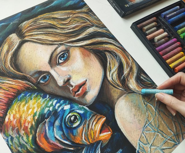 人魚 油絵の少女の肖像画 パステル画 明るい魚の海のアート - ショップ Nadinart ウォールデコ・壁紙 - Pinkoi