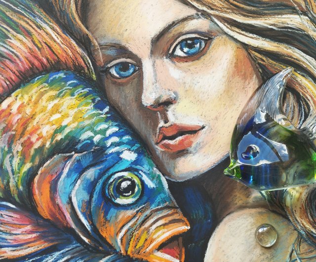 人魚 油絵の少女の肖像画 パステル画 明るい魚の海のアート - ショップ Nadinart ウォールデコ・壁紙 - Pinkoi