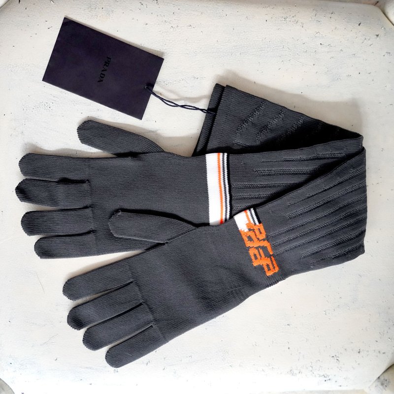 Brand new PRADA gray knitted LOGO pattern nylon material long gloves and hand socks Italian luxury brand - Gloves & Mittens - Other Man-Made Fibers Gray