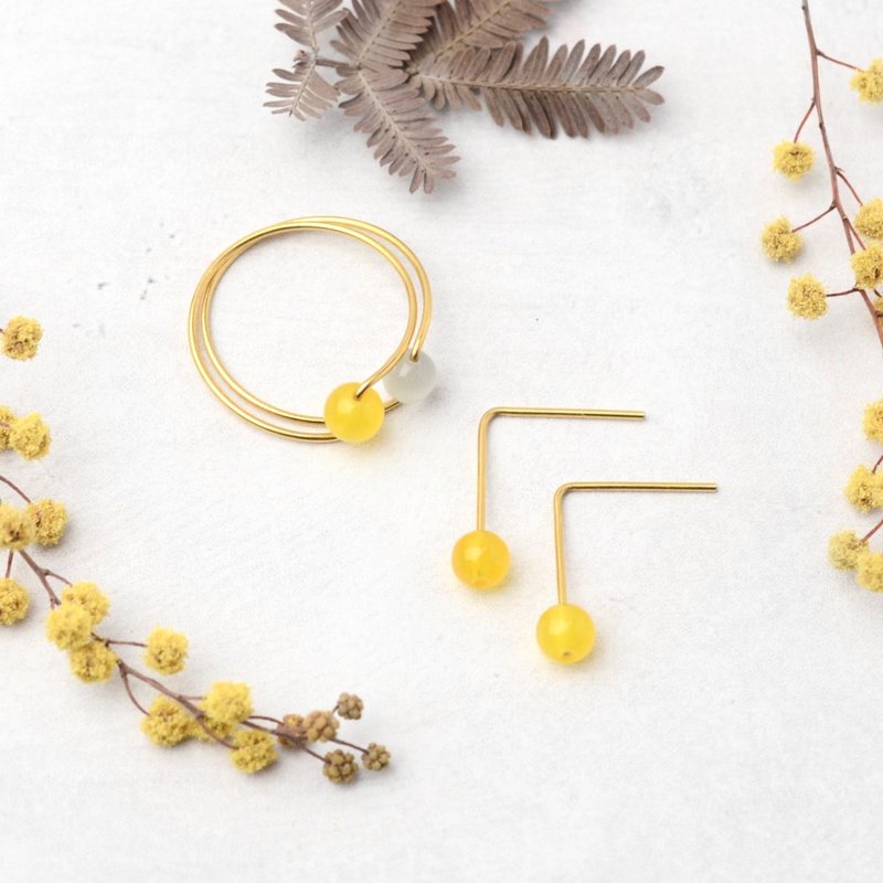 Mimosa-inspired earrings and ring set Honey Yellow Jade Light Gray Cat's Eye Surgical Stainless Steel Birthday Gift - Earrings & Clip-ons - Semi-Precious Stones Yellow