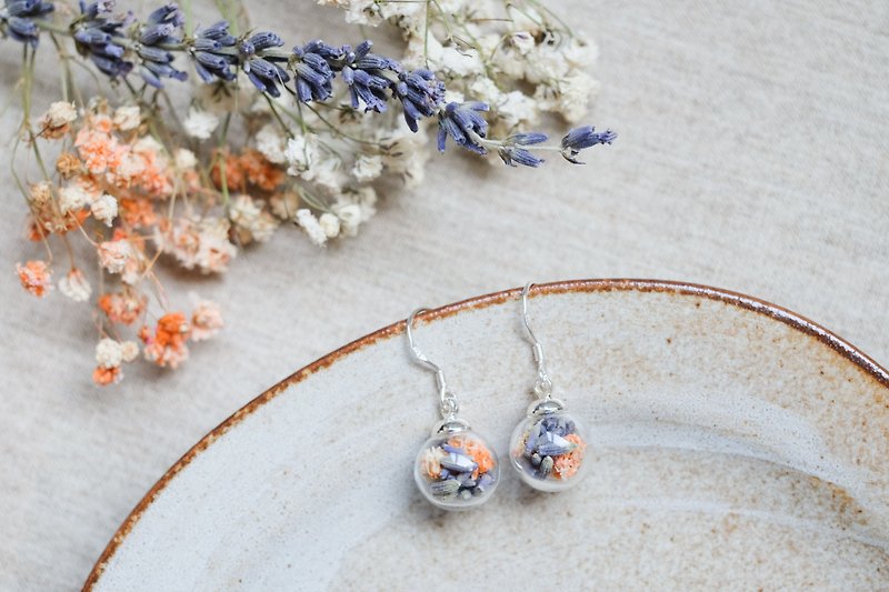 Purple Orange / 925 Silver Dangle Earrings / Glass Dome Earrings - Earrings & Clip-ons - Glass Orange