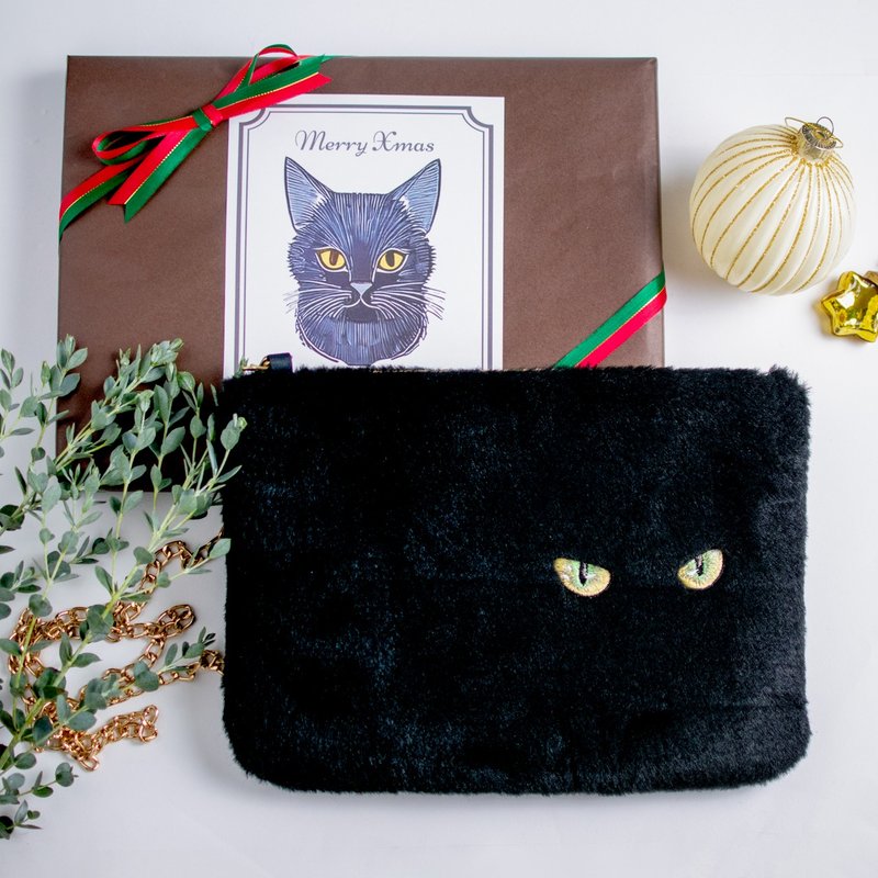 Christmas wrapping included Black cat shoulder bag with cat eye embroidery and faux fur - กระเป๋าแมสเซนเจอร์ - อะคริลิค สีดำ