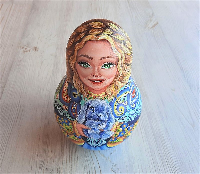 Wooden hand-painted Roly-Poly Russian music doll Girl with blue plush hare - Kids' Toys - Wood 