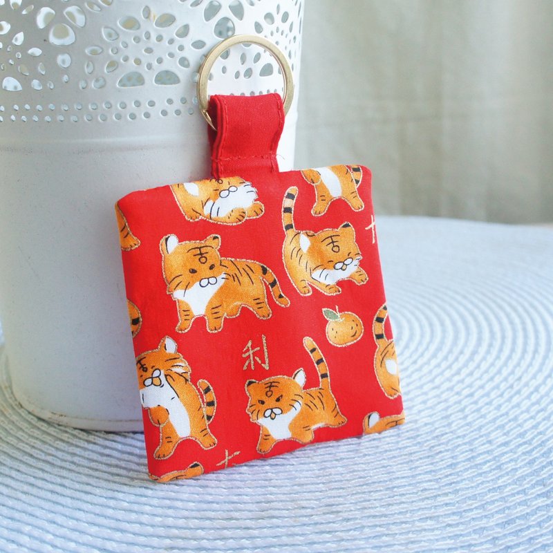 Lovely [tiger newspaper auspicious and safe amulet bag, red] amulet, signed poem bag, money and water bag, earphone bag - Omamori - Cotton & Hemp Red