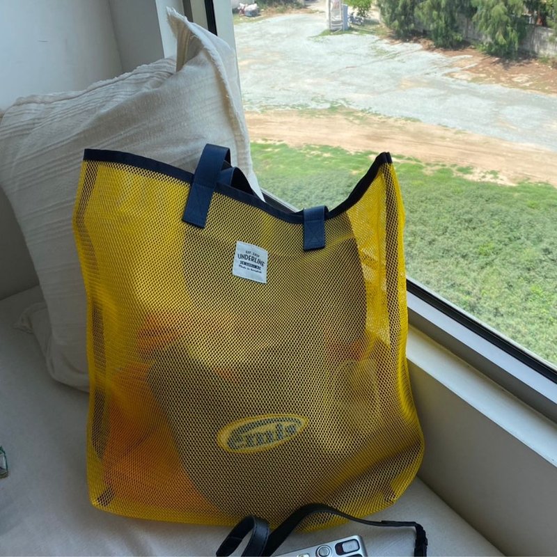 New Yellow Mesh bag/ Shopping Bag/ Fitness Bag/ Grocery Bag/ Beach Bag/ Size M - กระเป๋าถือ - ไนลอน สีเหลือง