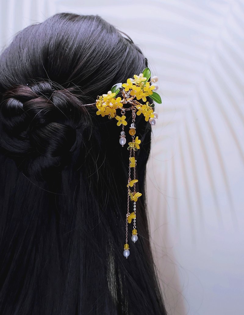 Lemon handmade hair accessories Osmanthus copper branch hairpin (tassel detachab - เครื่องประดับผม - กระจกลาย สีเหลือง