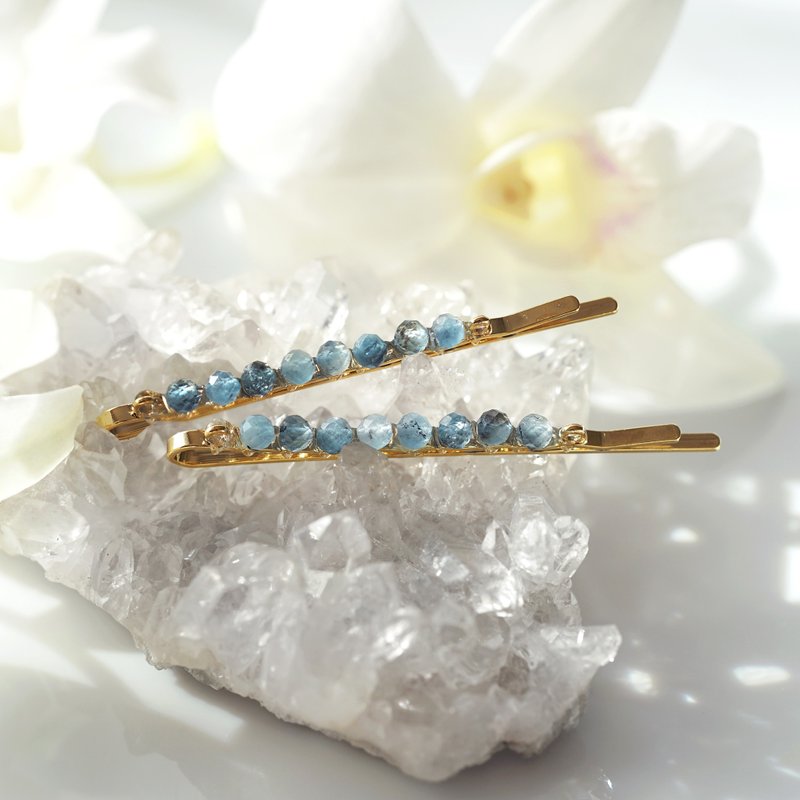 ディープブルーアクアマリン連なるジュエルヘアピン　Lidia - 髮夾/髮圈 - 寶石 藍色