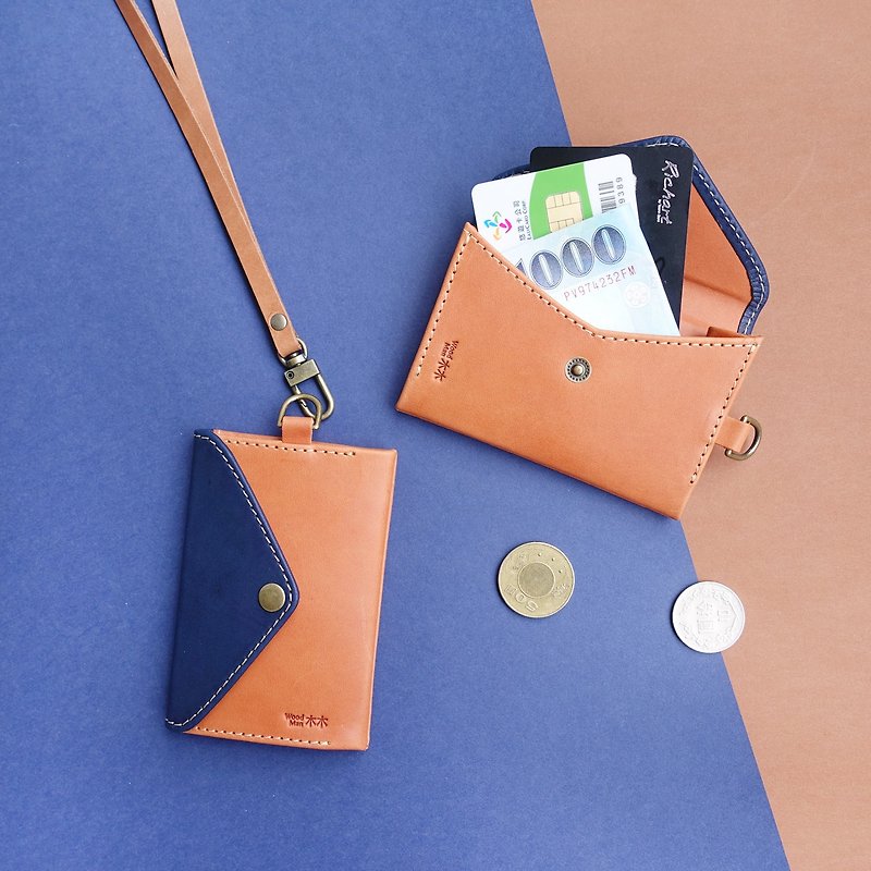 [Graduation Gift] Handmade Leather ID Coin Purse - Caramel Kyoto Blue (customized English name) - ID & Badge Holders - Genuine Leather Brown