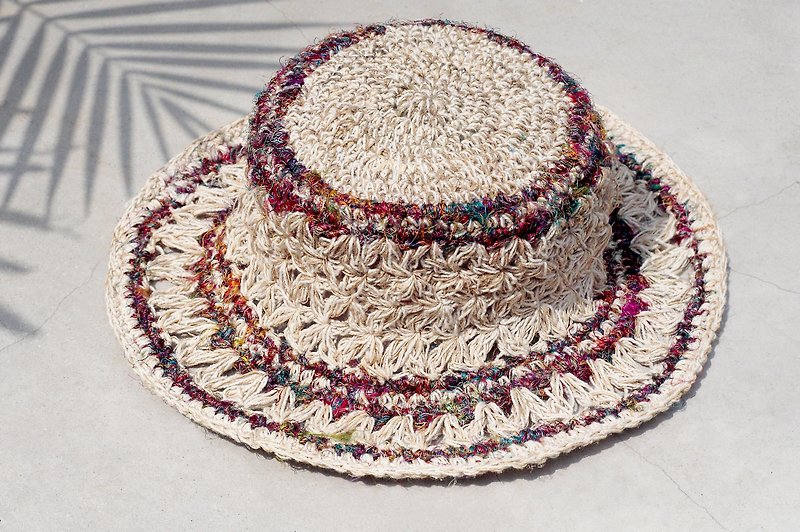 Limited hand-braided cotton Linen Sari cap / knit cap / hat / straw / straw hat - hand twist hollow hand-woven wire Sari - Hats & Caps - Cotton & Hemp Multicolor