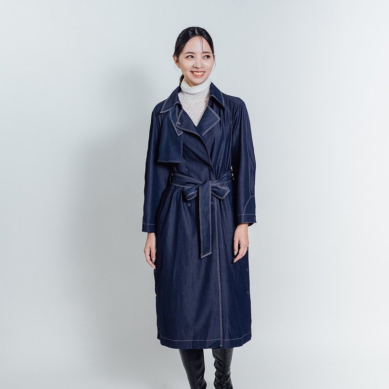 AVVJOY | 絲光藍長版風衣 - 女西裝外套 - 其他材質 