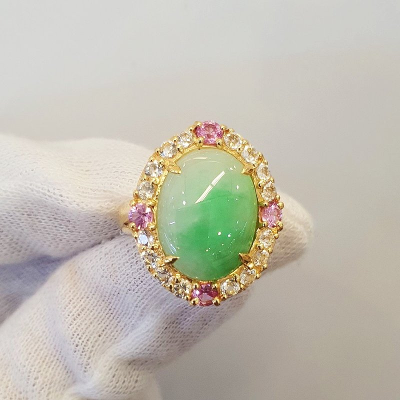 Special! Rainbow Burmese jade ring (Natural color) decorated with Pink sapphire, White topaz - 戒指 - 玉石 綠色
