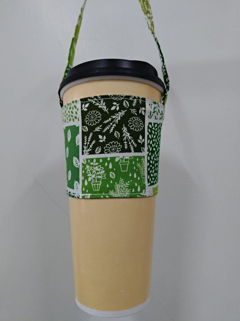 Drink Cup Set Eco Cup Set Hand Drink Bag Coffee Bag Tote Bag - Forest Wind (Green) - Beverage Holders & Bags - Cotton & Hemp 
