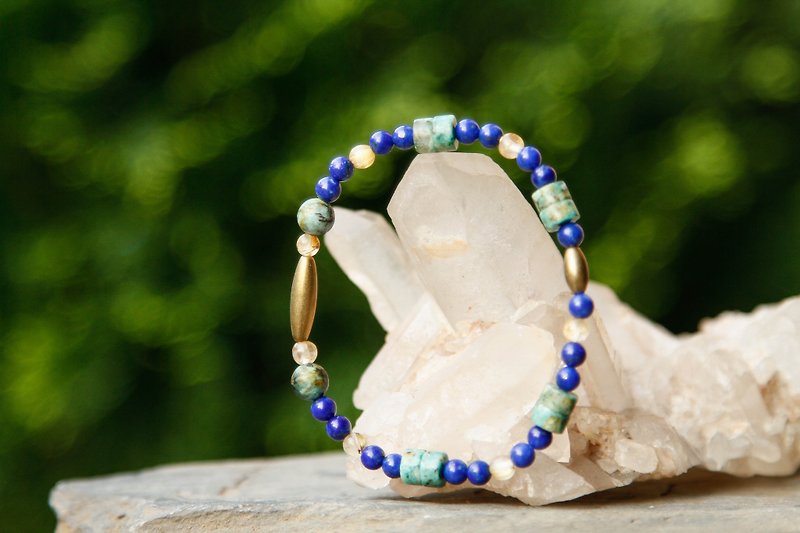【Series of Bracelet】Lazurite bracelet with Af. Turquoise and Rutialted quartz - Bracelets - Gemstone Multicolor