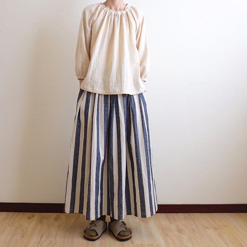 Daily hand-made suit natural forest dark blue thick striped pleated long skirt linen cotton - กระโปรง - ผ้าฝ้าย/ผ้าลินิน สีน้ำเงิน