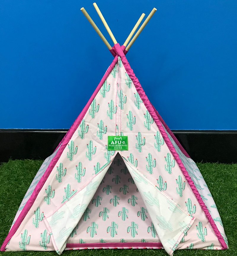 棉．麻 寵物床/外出籠 - 【AFU】印地安露營帳篷附睡墊(粉色仙人掌)