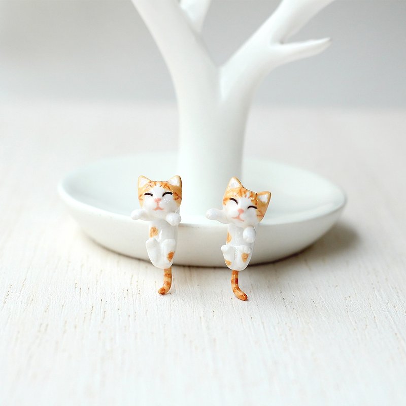 Orange Cat Earrings, Gauge & Plug Earrings, Two Piece Earrings - Earrings & Clip-ons - Clay Orange