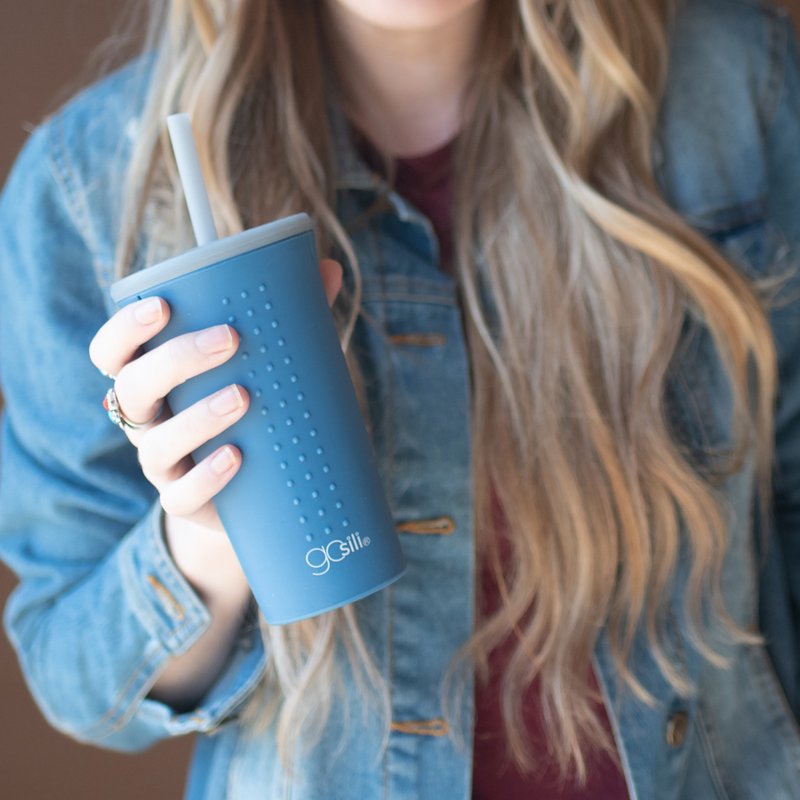 US GoSili (16oz) TOGO Straw Accompanying Cup - Fog Pink Blue - Other Cups - Silicone Blue