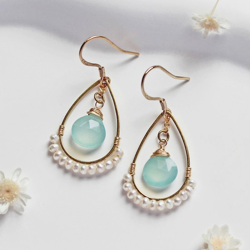 藍綠玉髓 天然珍珠 925銀耳勾 耳環 - 耳環/耳夾 - 半寶石 藍色