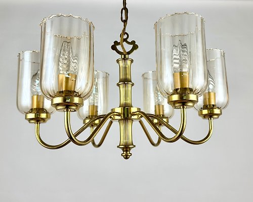 HappyDuckVintage 1970 年代德國復古黃銅吊燈 帶六個玻璃燈罩