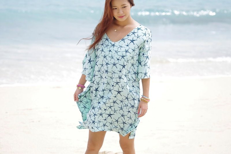 Starfish print butterfly sleeve dress <Mint> - One Piece Dresses - Other Materials Green
