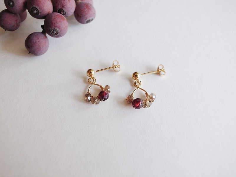 14KGF beryl × garnet autumn natural stone earrings mini models can be changed ear clips - Earrings & Clip-ons - Gemstone Brown