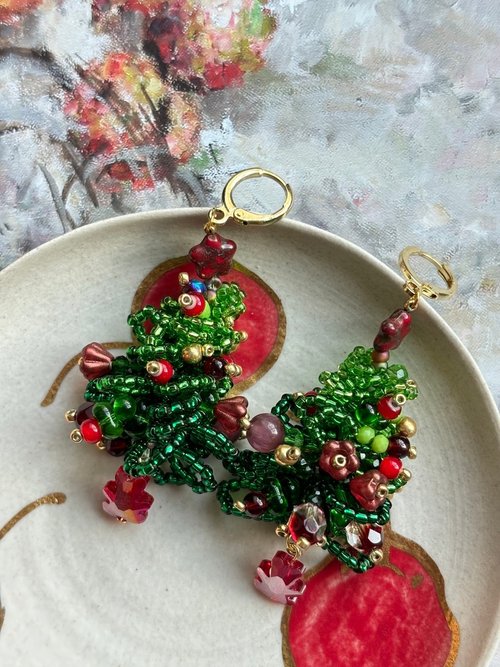クリスマスツリー 手作りランプワーク♡キュービック ジルコニア 18金GPピアス クリスマス イヤリング、手作りビーズ イヤリング、クリスマス