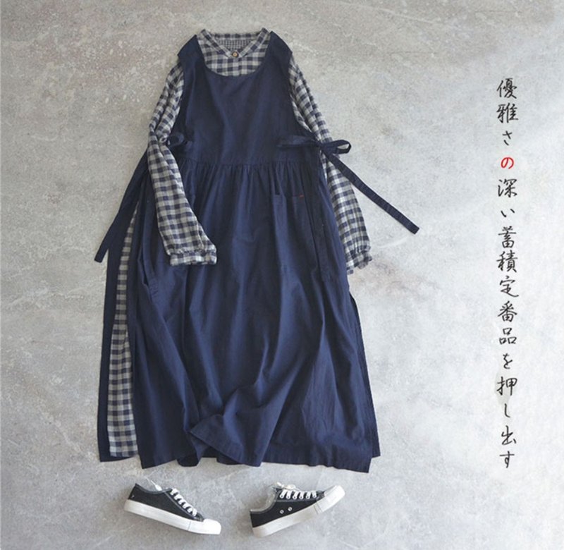 [Mori Orumi] Strappy vest and overskirt dress - ชุดเดรส - ผ้าฝ้าย/ผ้าลินิน สีน้ำเงิน