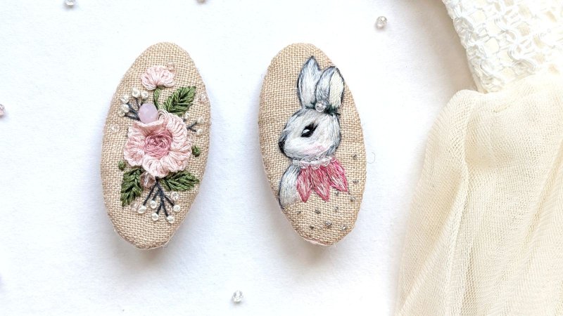亞麻刺繡髮夾 兔子髮夾 兔子配件 - 嬰兒手鍊/飾品 - 其他材質 