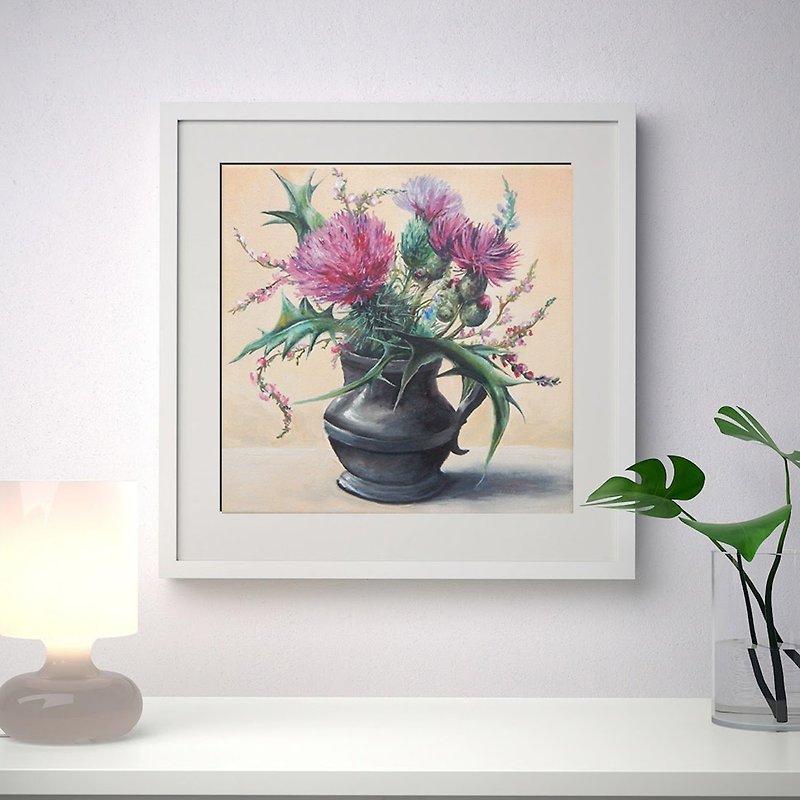 Floral Painting Thistle 花卉植物 Hanging Art  原畫  Hand-Painted Art  花畫  原創油畫  薊 - Posters - Other Materials Multicolor