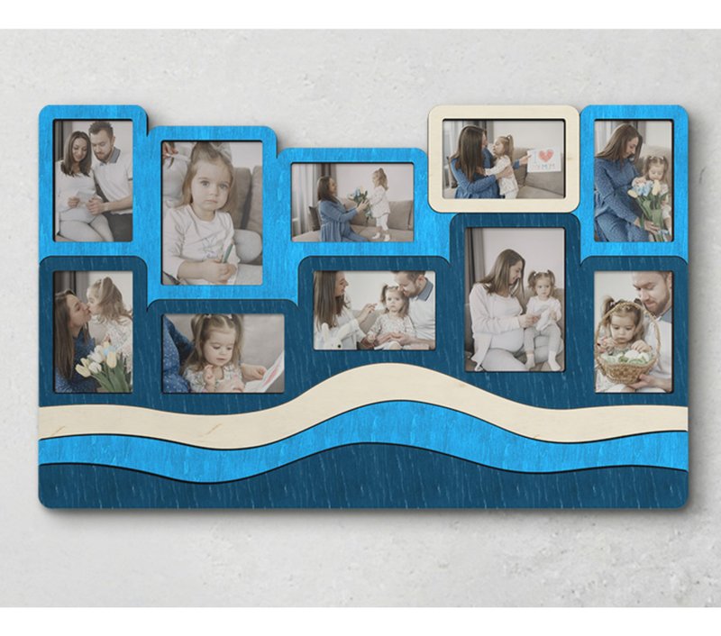 Navy blue photo frame collage Wave photo gallery Wooden frame with 3d effect - ตกแต่งผนัง - ไม้ สีน้ำเงิน