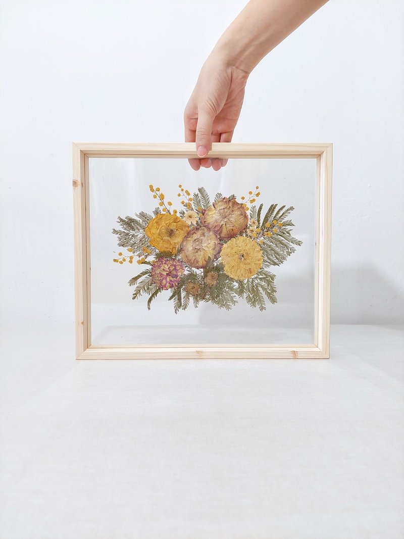 客製化/ 原木相框: 含羞草 Mimosa | 小牡丹 ranunculus/ 12吋 - 擺飾/家飾品 - 植物．花 橘色