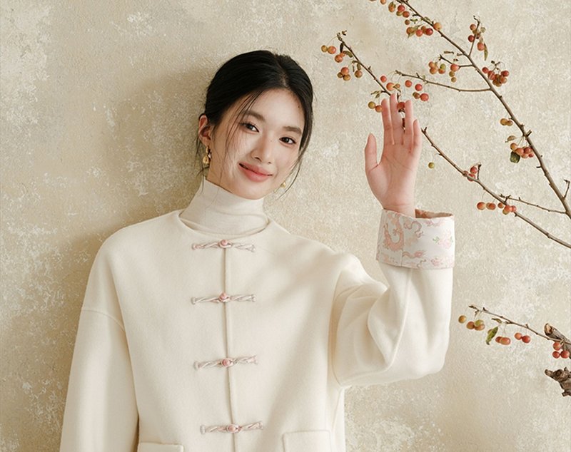 New Chinese retro Chinese style 100 wool jacquard double-sided jacket - Women's Tops - Wool White