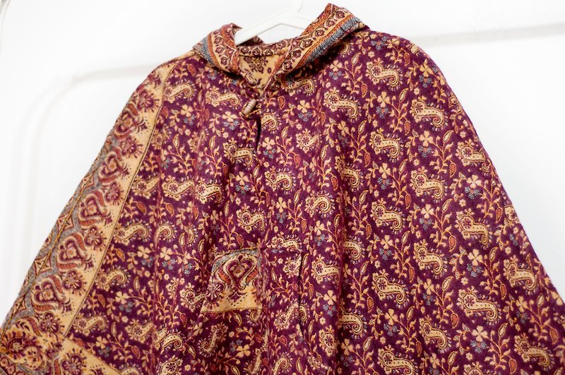 Indian Ethnic Fringe Cloak / Bohemian Cape Cloak / Wool Hooded Cloak - Iranian Flowers - ผ้าพันคอถัก - ขนแกะ สีม่วง