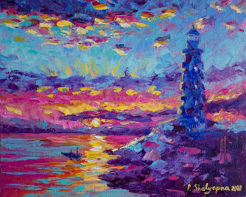Lighthouse Original Art Seascape Oil Painting Colorful Artwork - โปสเตอร์ - โลหะ หลากหลายสี