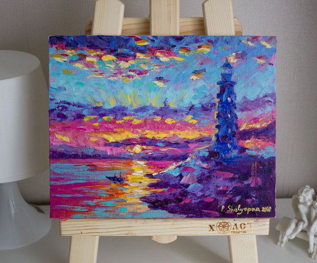 灯台オリジナルアート海景油絵カラフルなアートワーク