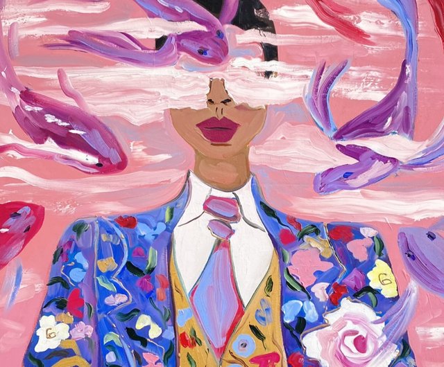 水中の太陽の光、シュルレアリスム絵画、抽象芸術、鯉の魚、女性の