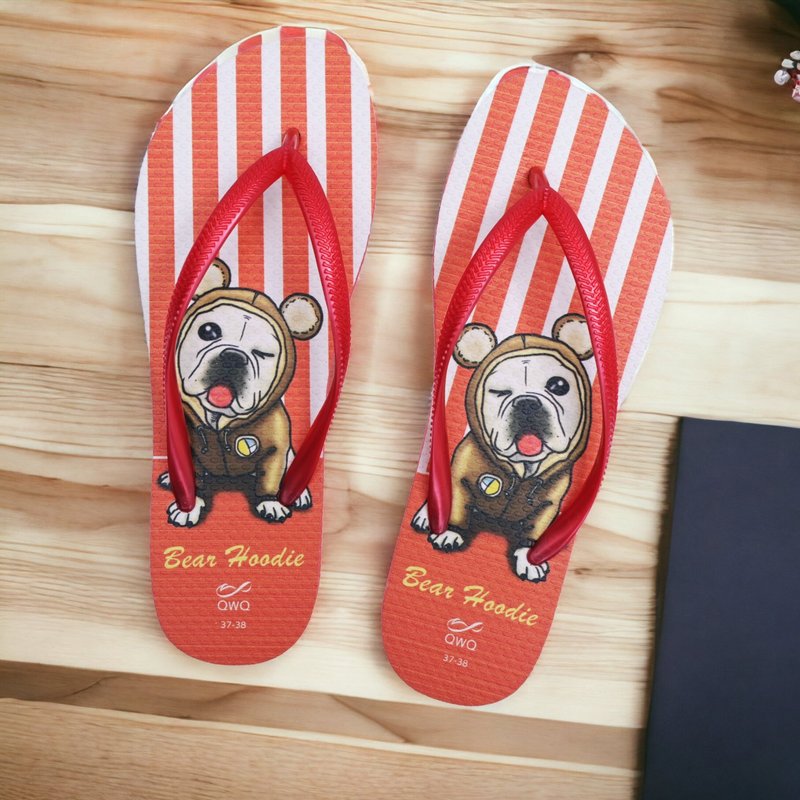 女生法鬥狗狗夾腳拖鞋 軟Q止滑情侶人字拖鞋 紅 -Bear Hoodie- - 拖鞋 - 橡膠 多色