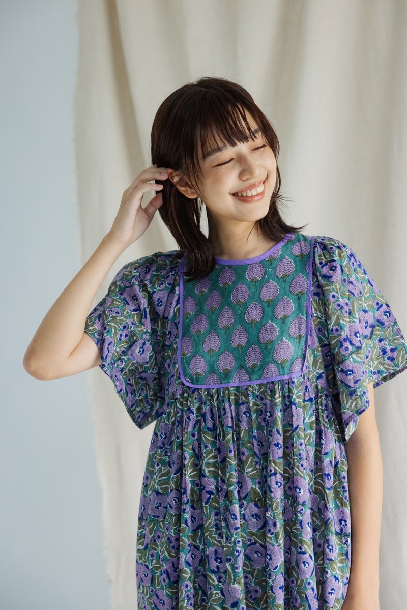 Button-back wide short-sleeved patchwork long dress_Purple - One Piece Dresses - Cotton & Hemp Purple