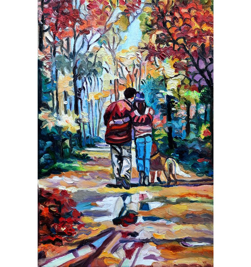 原創畫 The Couple Art Original Painting Oil Painting  Oil On Canvas - ตกแต่งผนัง - วัสดุอื่นๆ สีส้ม