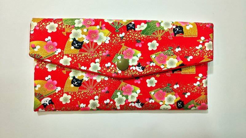 Lucky double red envelope bag / passbook pouch (08 plum, gold leaf and cat) - กระเป๋าสตางค์ - ผ้าฝ้าย/ผ้าลินิน สีแดง