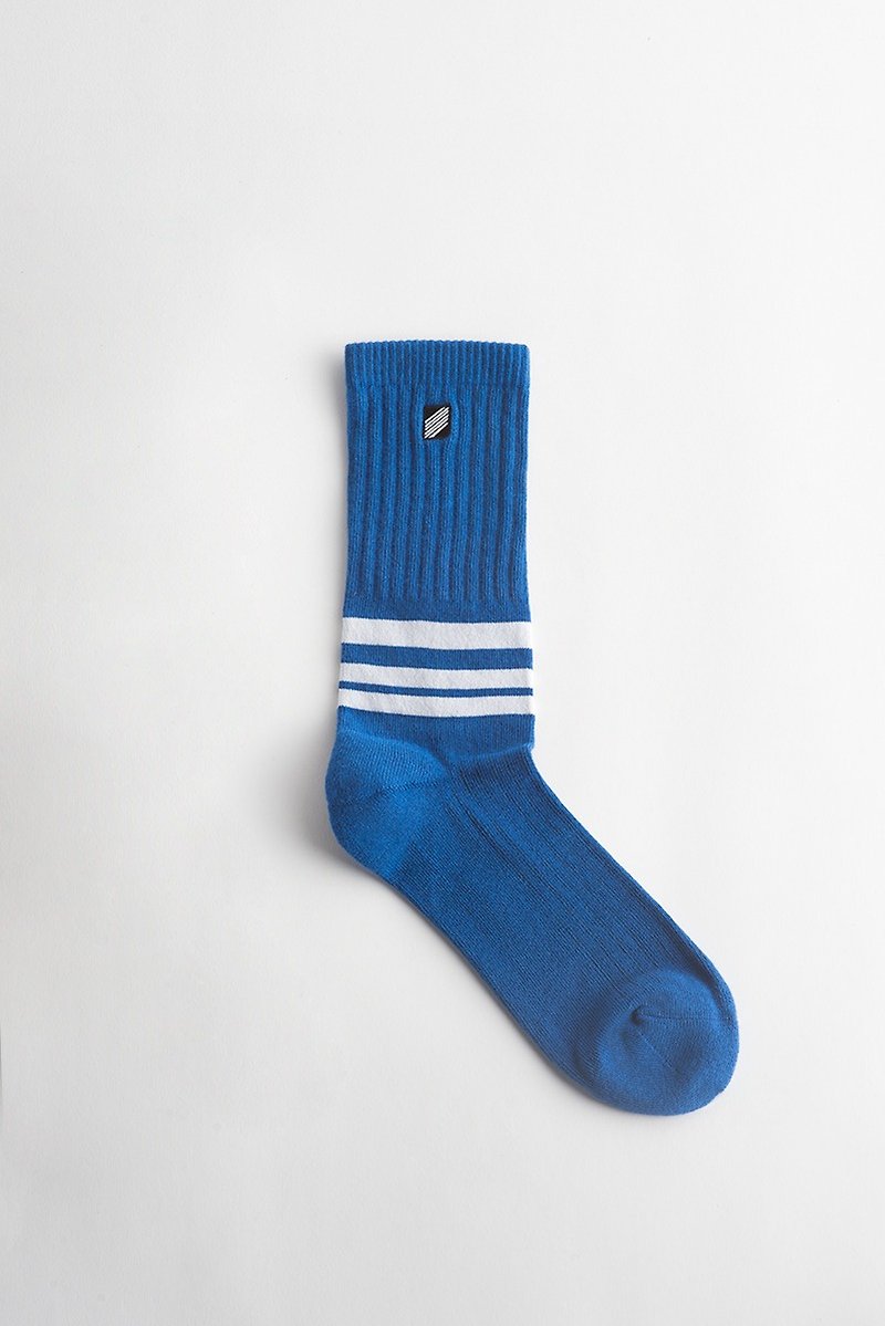 藍緞　Indio Stripe  中筒橫條羅紋襪 - 襪子 - 棉．麻 藍色