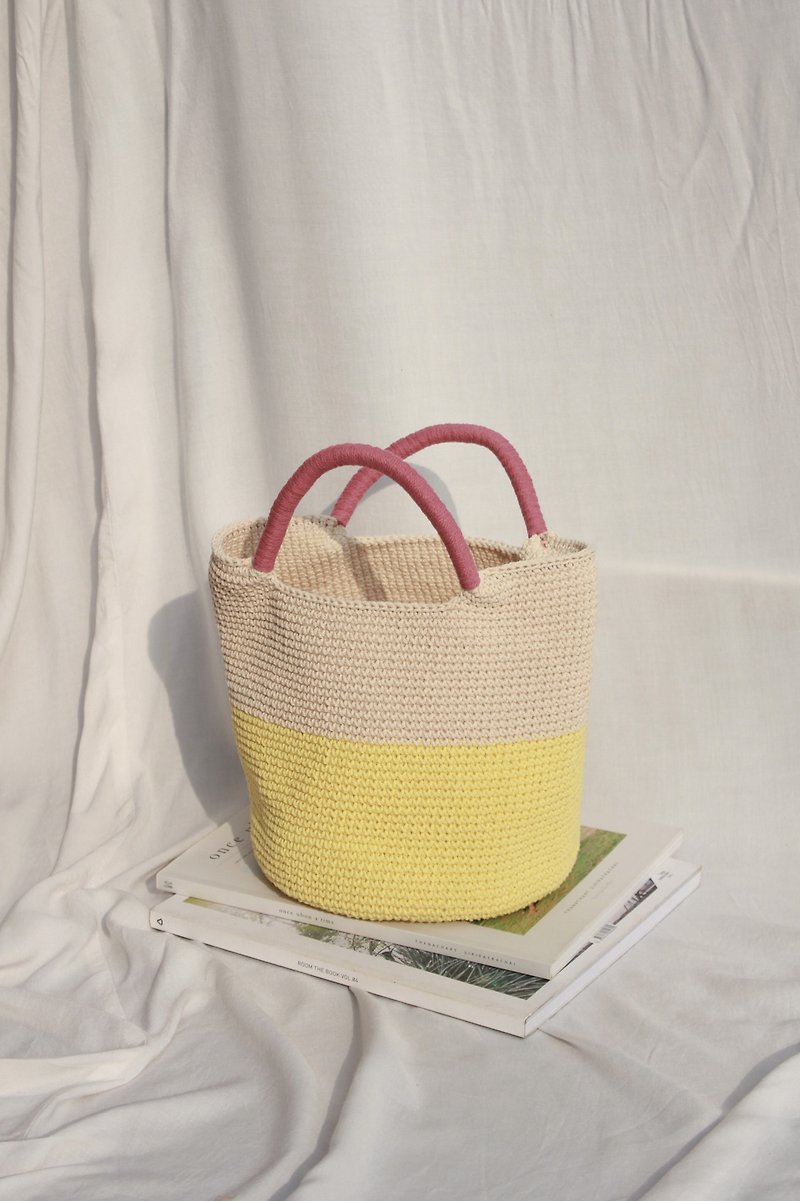 Two Tone ,Bucket hand bags (Yellow+Cream) Dark Pink Strap - 手提包/手提袋 - 其他材質 黃色