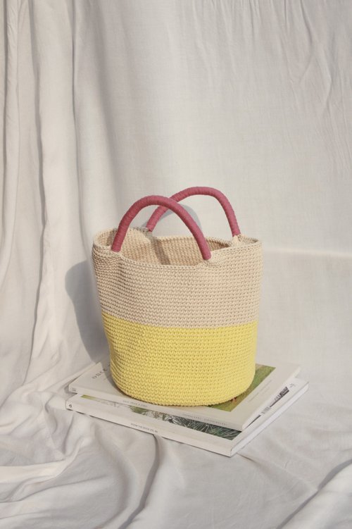 intabrand Two Tone ,Bucket hand bags (Yellow+Cream) Dark Pink Strap