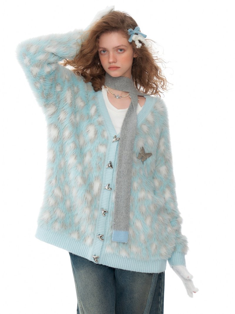 ziziFei autumn and winter warm and soft lazy style American retro thick blue leopard print sweater cardigan jacket for women - สเวตเตอร์ผู้หญิง - วัสดุอื่นๆ 