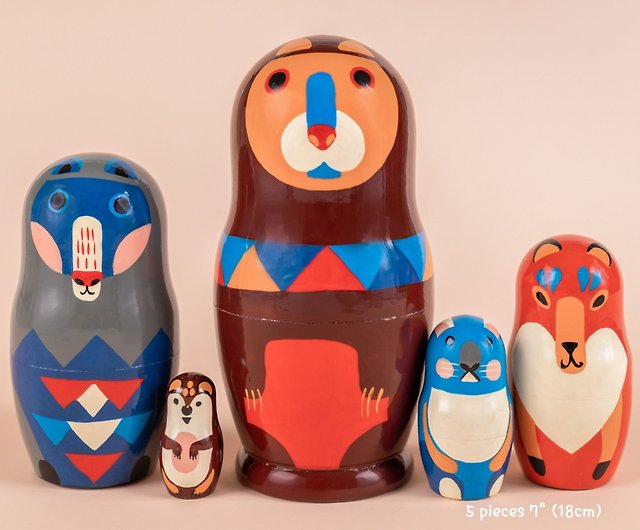 5p Animals Painted Wooden Nesting Stacking Russian Dolls Matryoshka Babushka 
