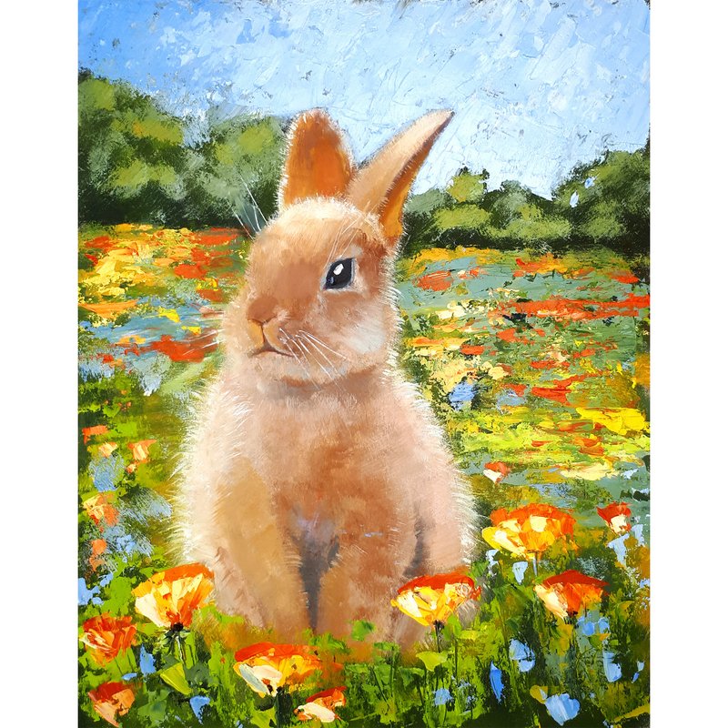 Bunny Painting Animal Original Art Rabbit Wall Art Hare Artwork - โปสเตอร์ - วัสดุอื่นๆ หลากหลายสี