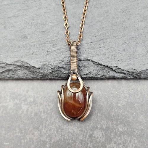 WS HANDMADE JEWELLERY 紅瑪瑙 造舊銅線吊墜 金屬繞線