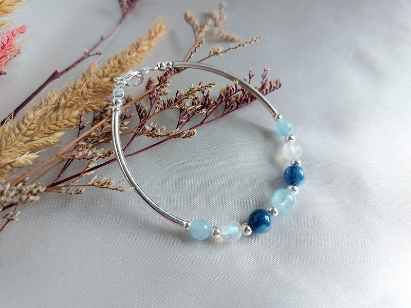 s925 sterling silver aquamarine Stone moonstone bracelet | handmade custom bracelet necklace earrings - Bracelets - Crystal 