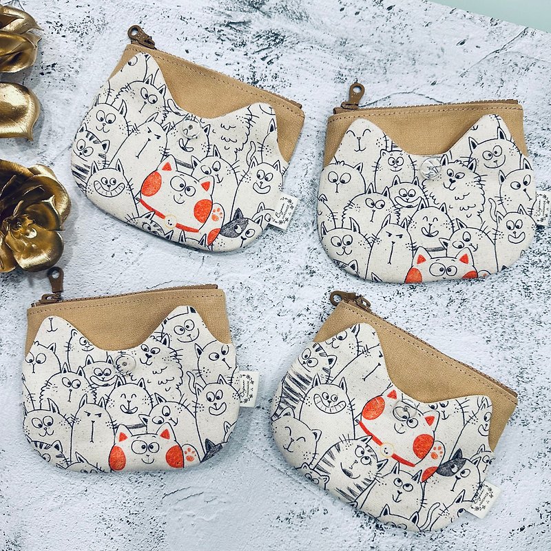 Thick double-pocket cute cat-shaped coin purse and small items storage bag - Coin Purses - Cotton & Hemp Khaki